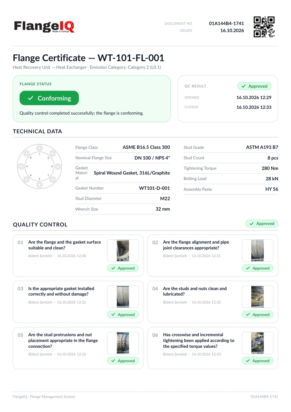 Approved FlangeIQ PDF certificate preview