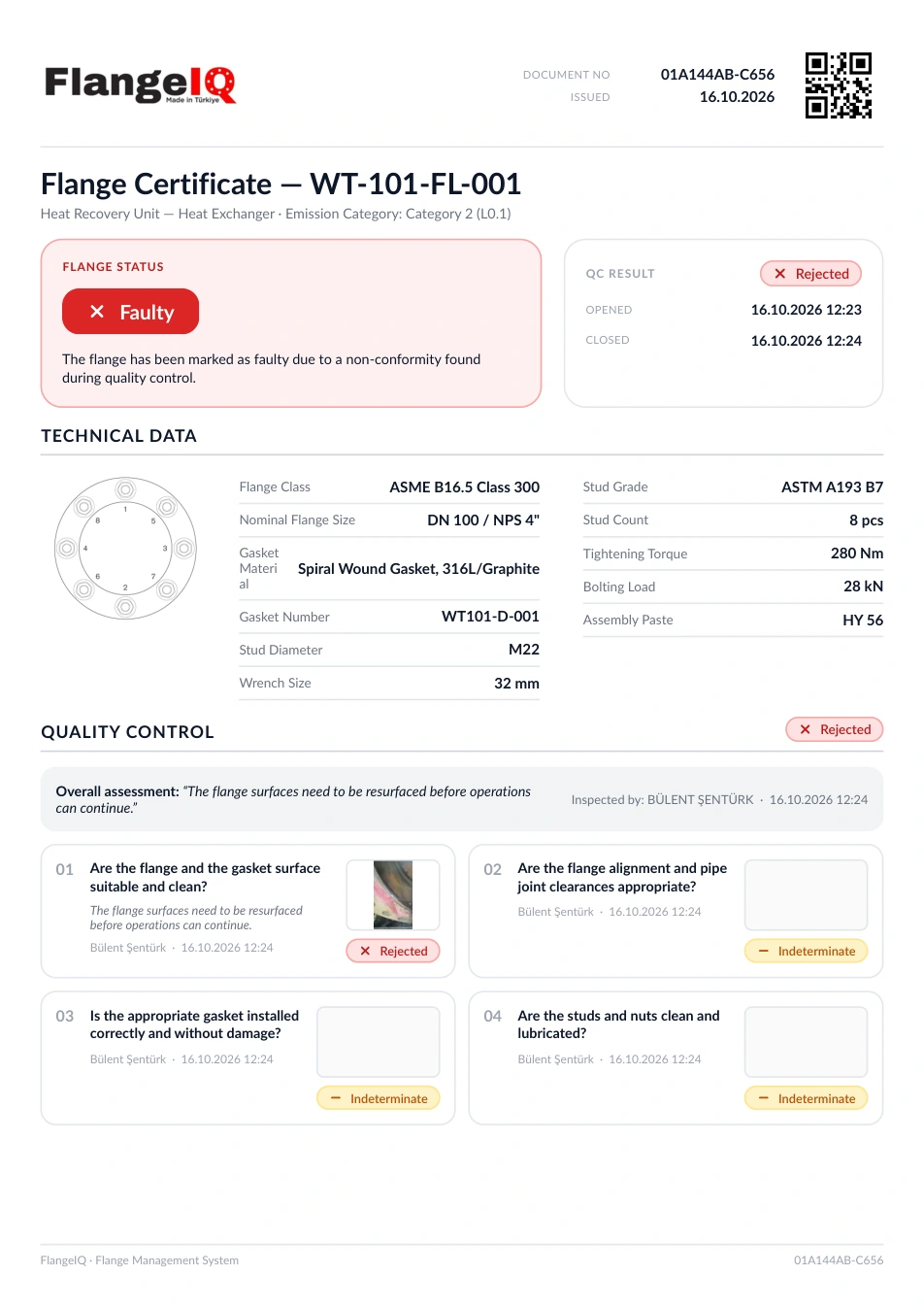 Rejected FlangeIQ PDF certificate preview