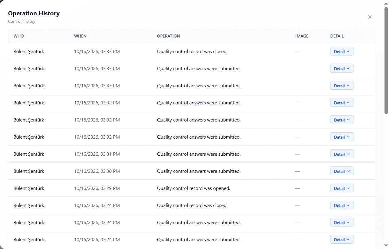 FlangeIQ operation history with dates and change details