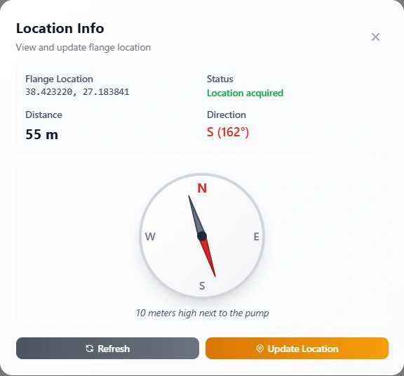 FlangeIQ location, direction and compass