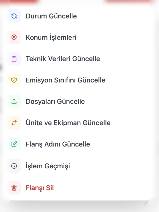 FlangeIQ flanş işlemleri menüsü