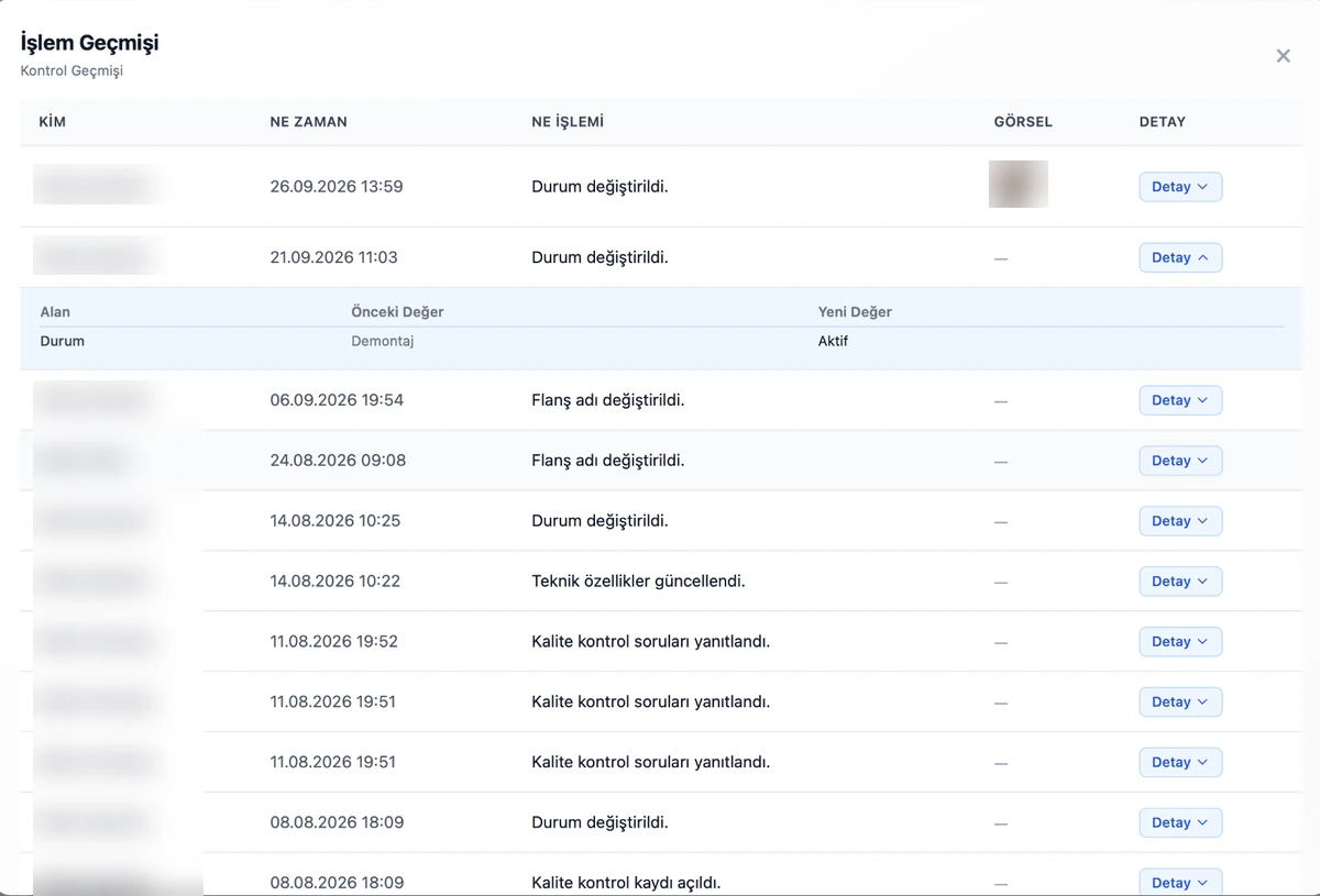 FlangeIQ işlem geçmişi, zaman ve işlem detayı tablosu