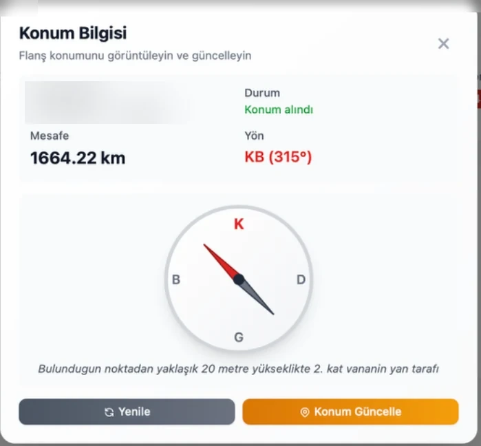 FlangeIQ konum bilgisi, yön ve pusula ekranı