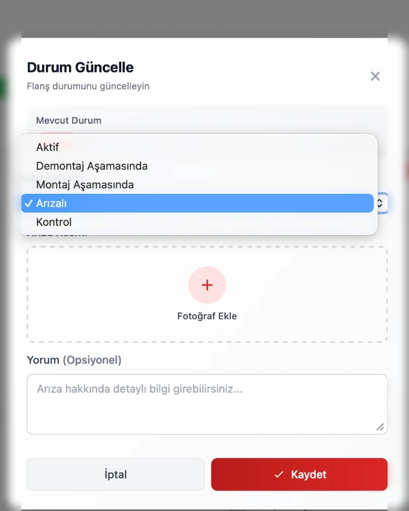 FlangeIQ durum güncelleme, seçenekler ve kaydetme formu